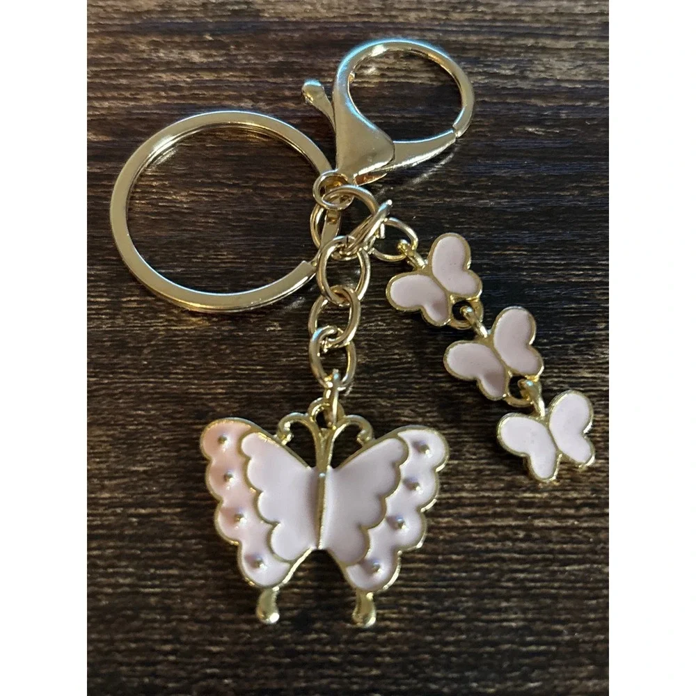 Pink Enamel Butterfly Keychain Gold Tone Lobster Clasp Bag Charm New